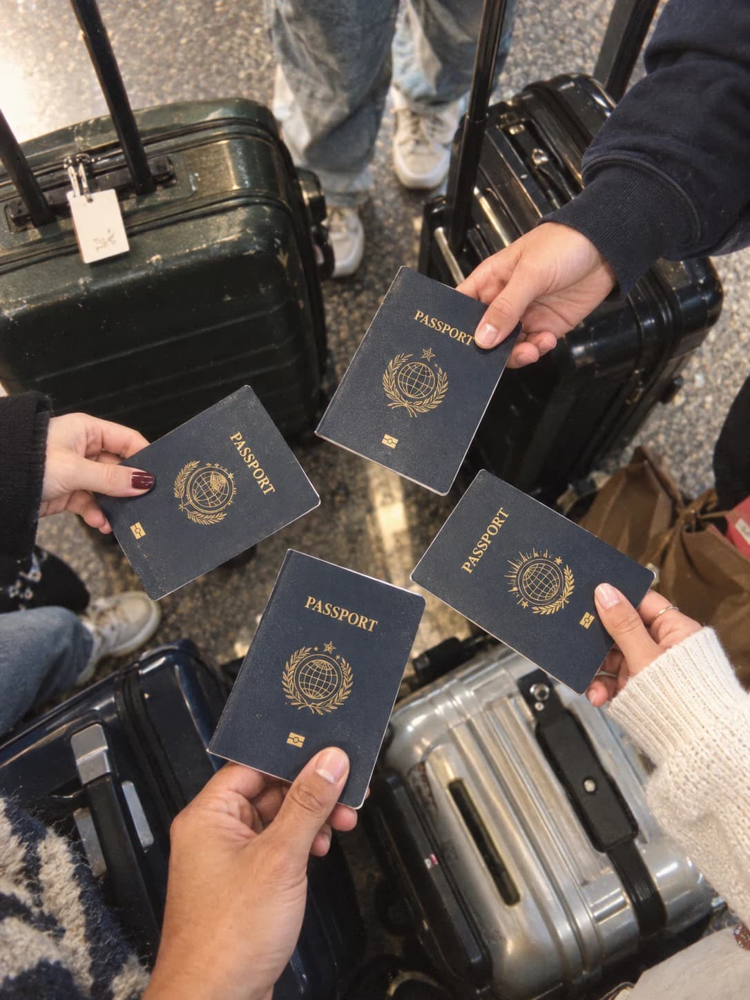 Friends holding their passports above their luggage