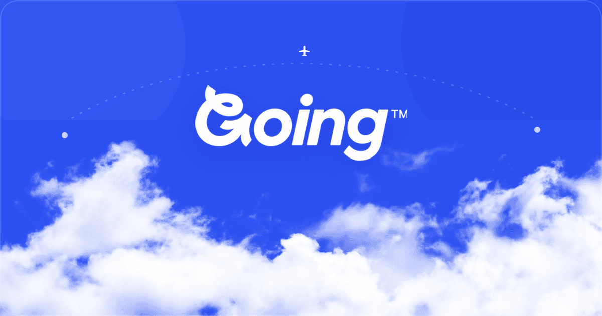 Going white logo centered over a Soar blue sky and bright clouds