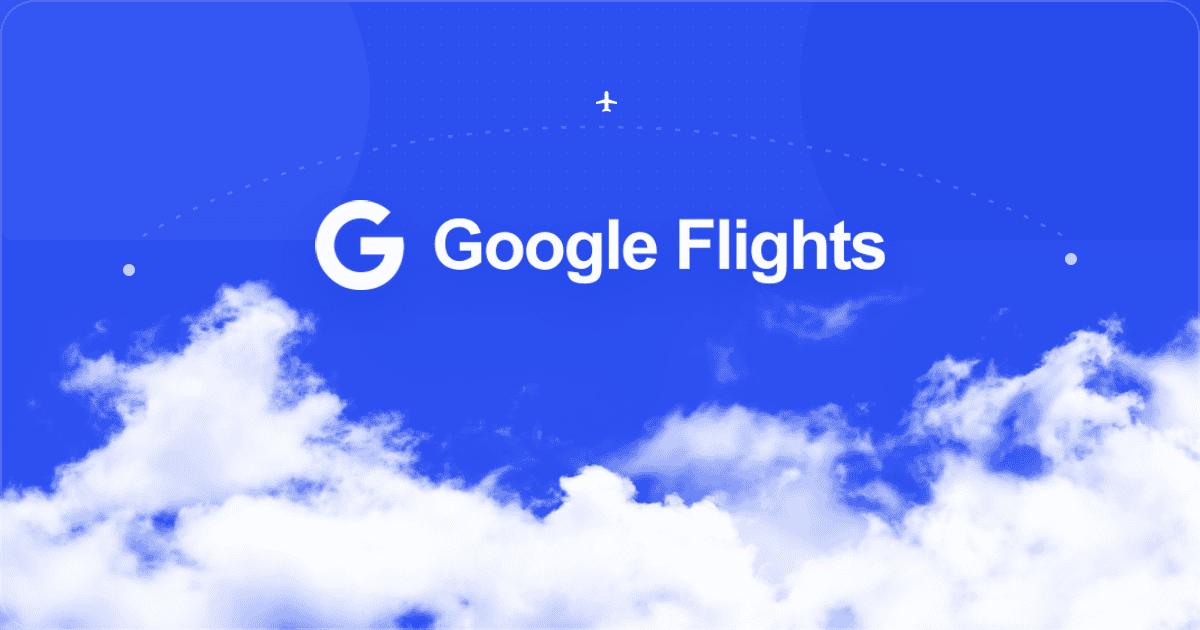 Google Flights white logo centered over a Soar blue sky and bright clouds