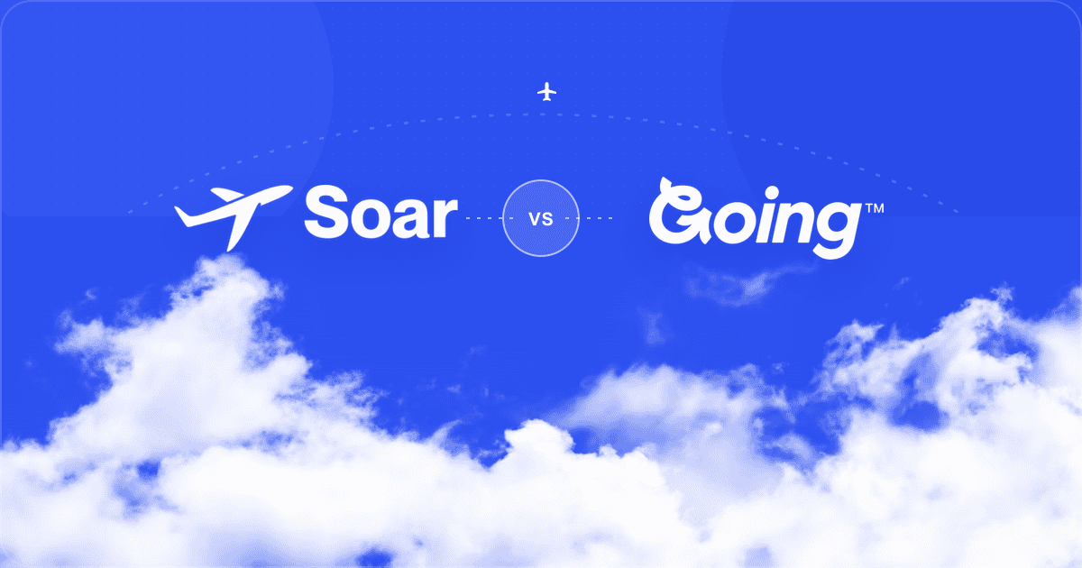 White Soar and Going logos compared over a Soar blue sky and bright clouds