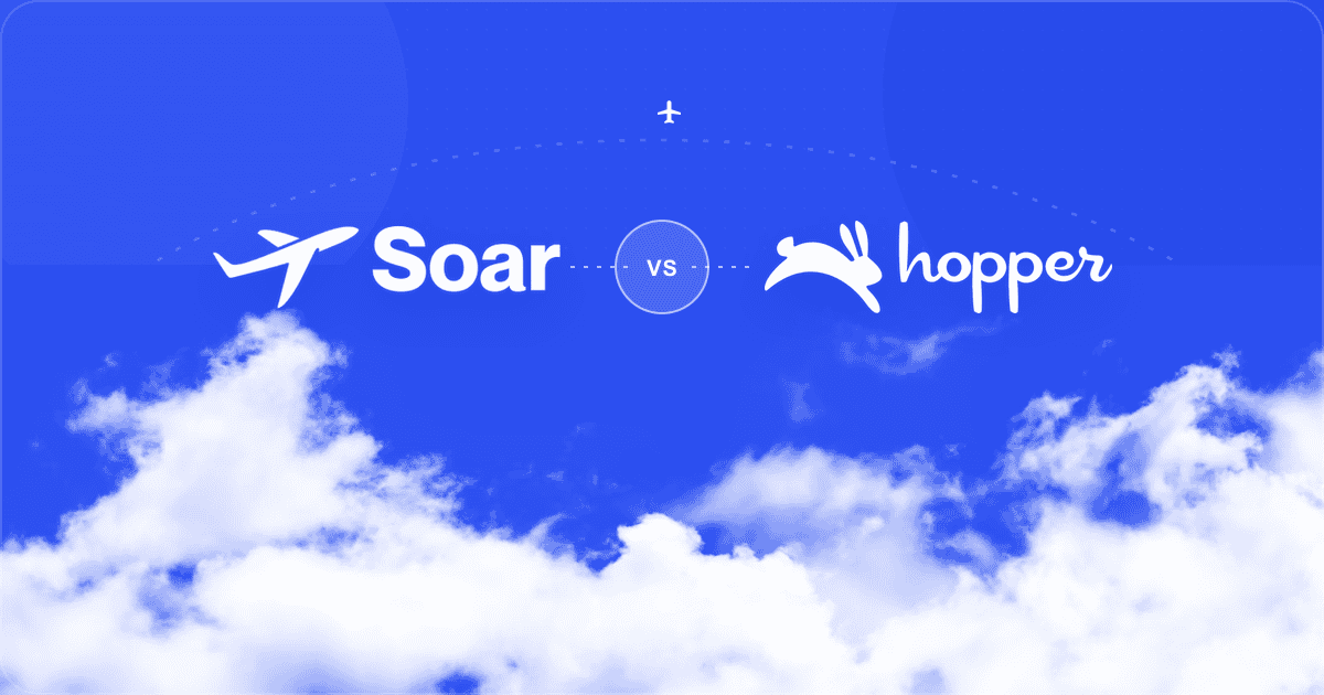 White Soar and Hopper logos compared over a Soar blue sky and bright clouds