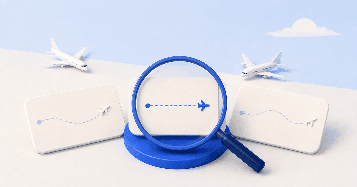 Magnifying glass selecting one route card from several flight options with model airplanes behind